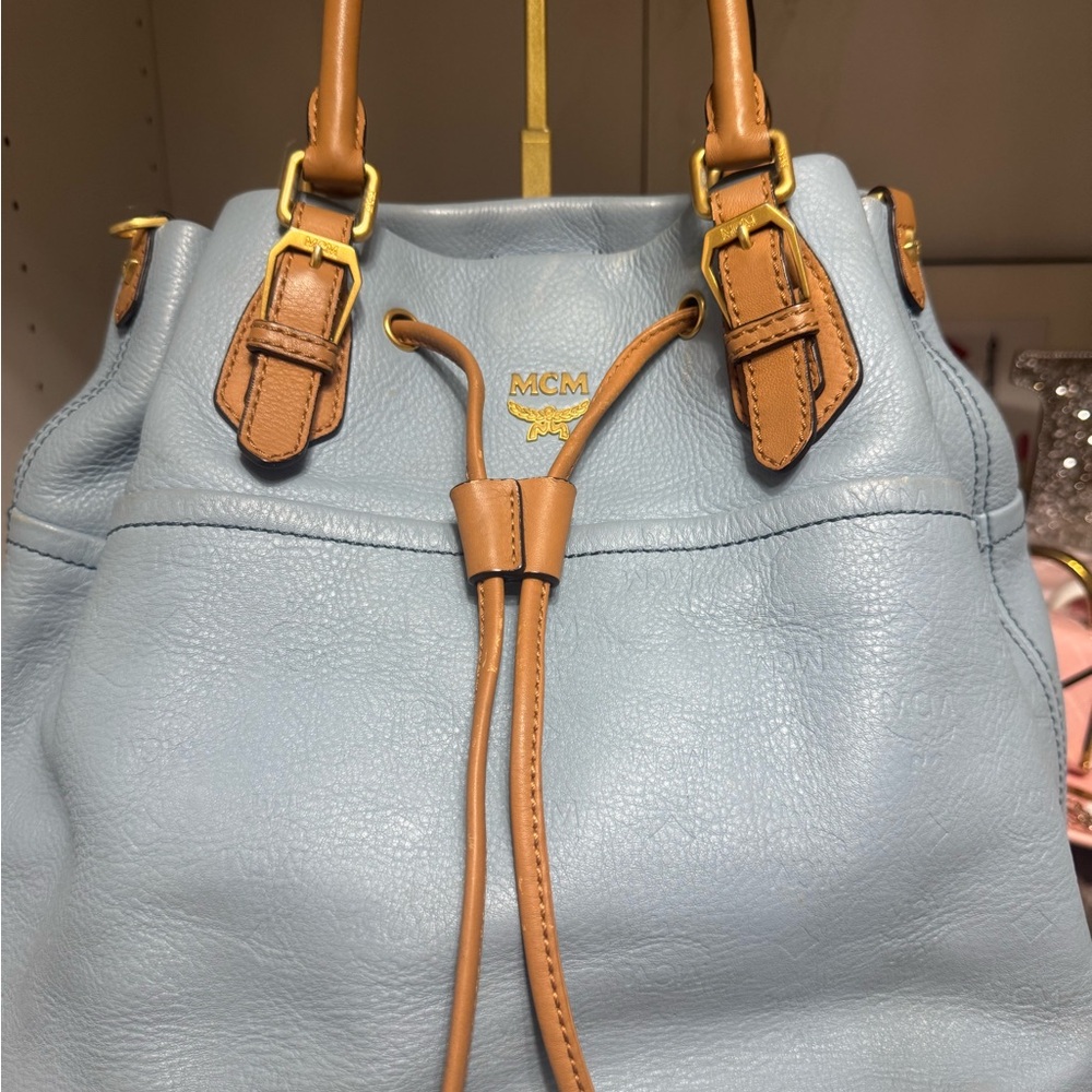 MCM Blue and Tan Shoulder Bag with Structured Design